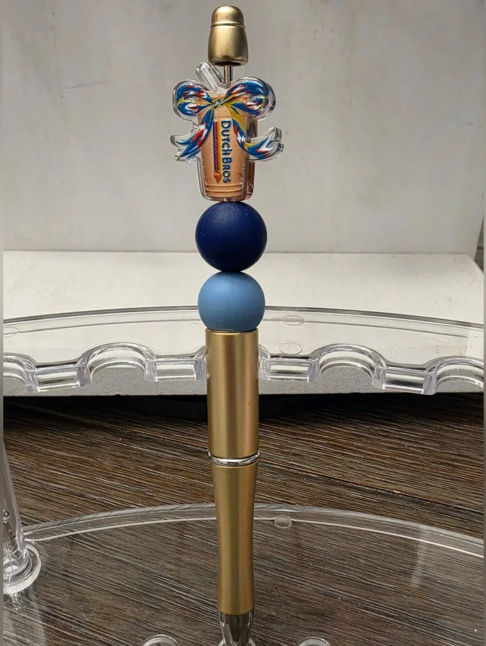 Freshly Brewed Dutch Bros Gold Pen with Blue Bead Accents- Free Refills Included